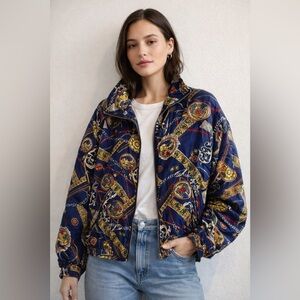 Vintage Silk Baroque Chain Print Jacket Sportif Studio 90s Equestrian Gold Blue